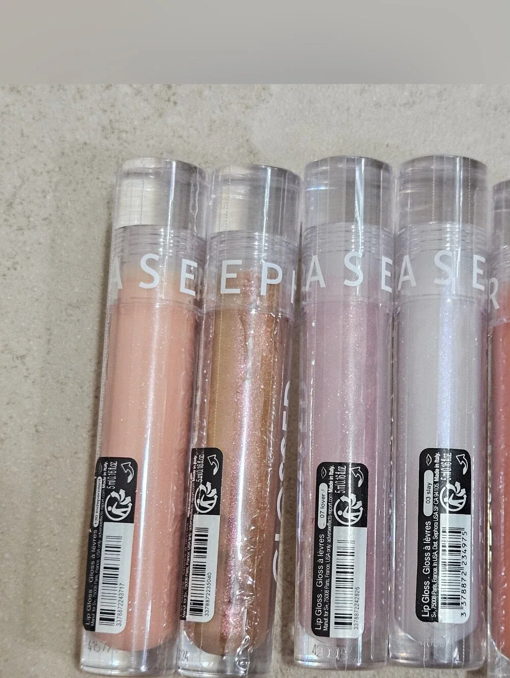 Sephora GLOSSED Lip Gloss Set - Iridescent White, Pale Pink, Gold, Coral, Peach